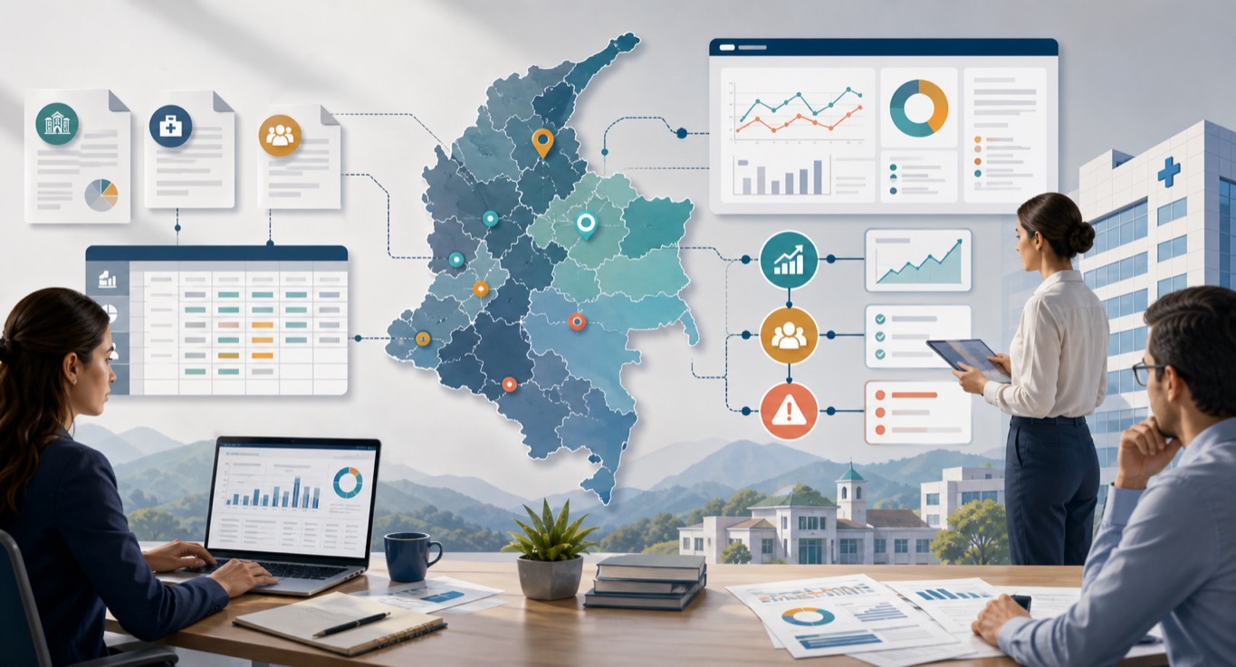 Composición institucional con territorio, hospital, documentos, tableros y alertas para la gestión en salud