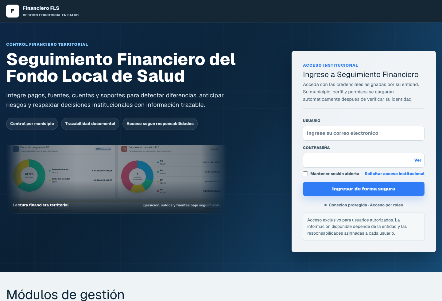 Pantalla de entrada pública de Seguimiento Financiero FLS