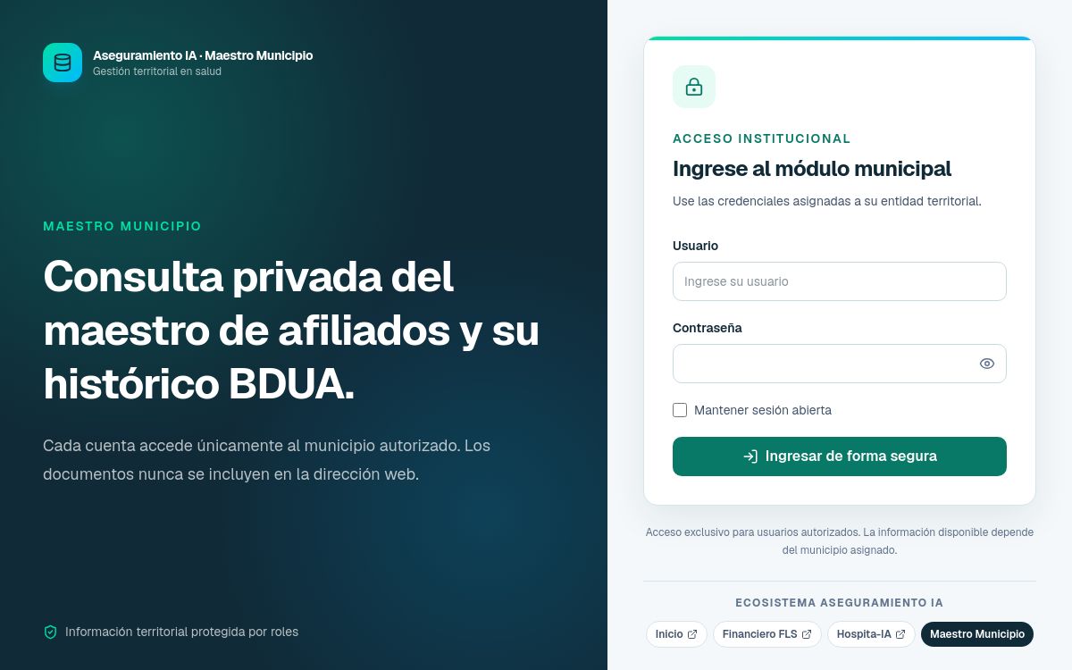 Pantalla de entrada pública de Maestro Municipio